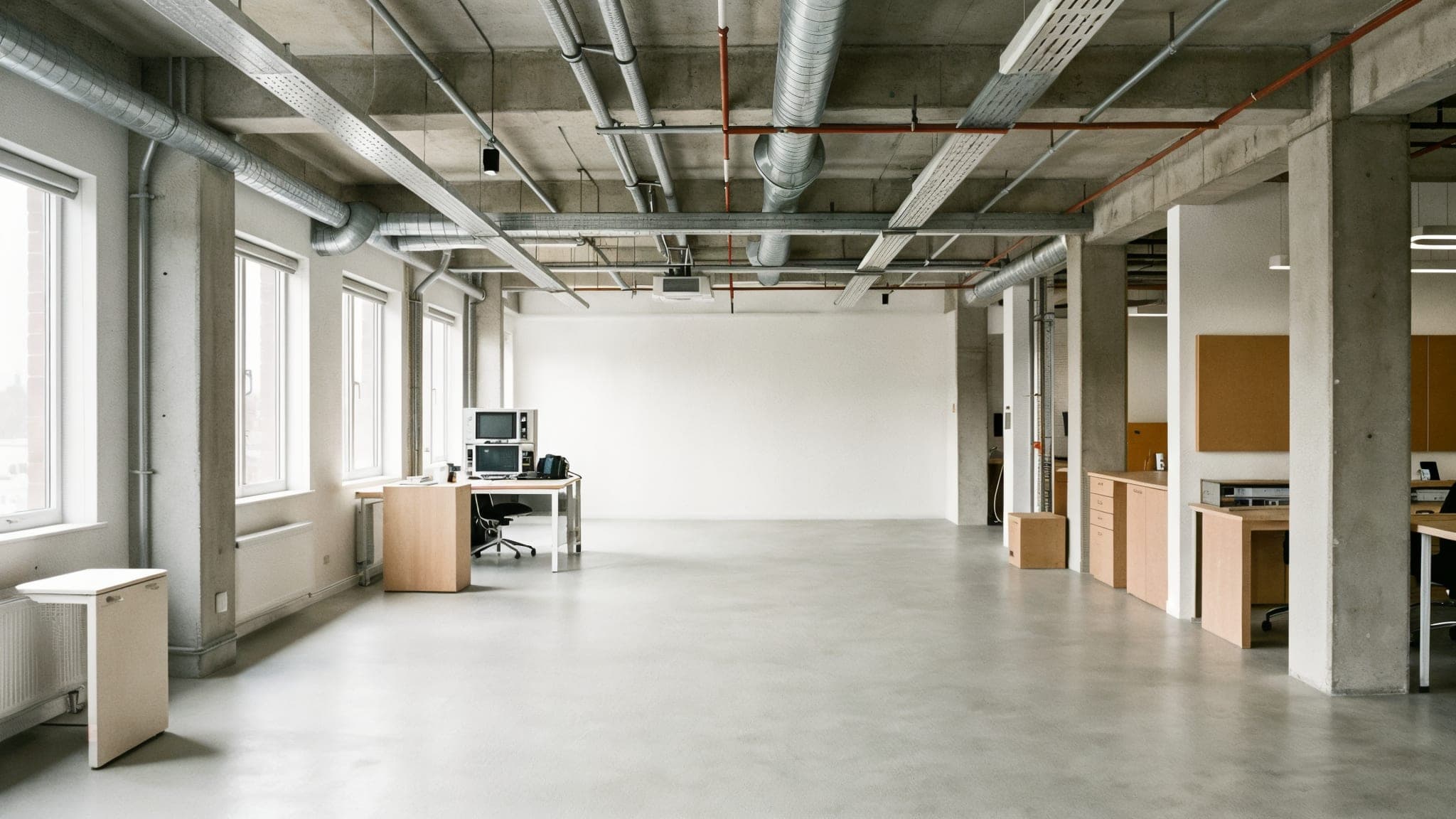 An open commercial floor with exposed concrete structure, ductwork, and service runs overhead