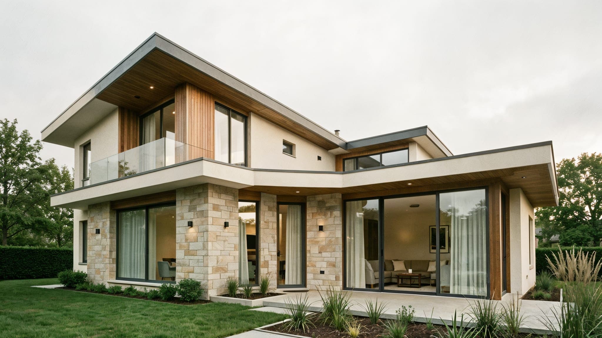 A two-storey modern home with stone piers, timber soffits, and wide glazed openings