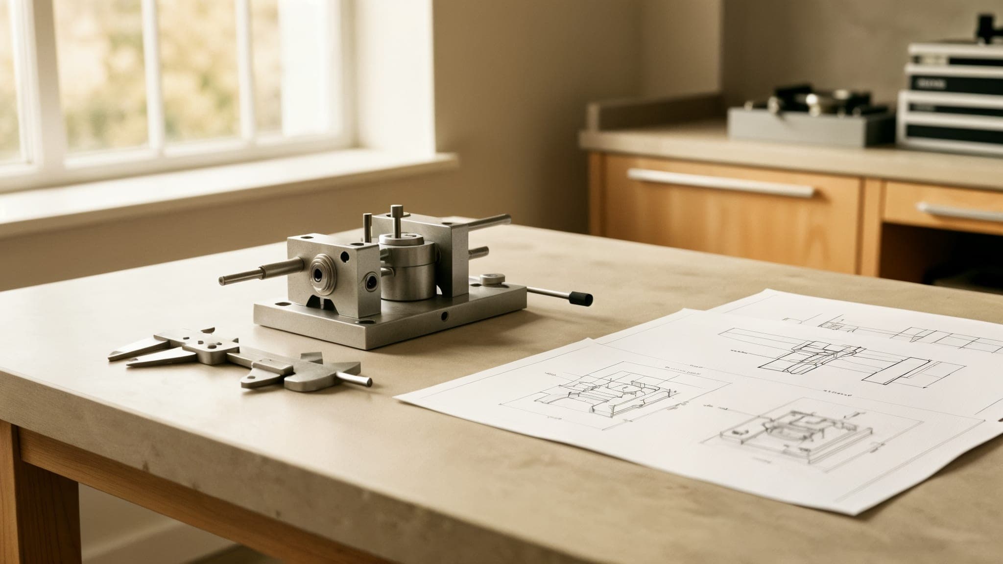 A precision test fixture, calipers, and engineering drawings on a sunlit workbench